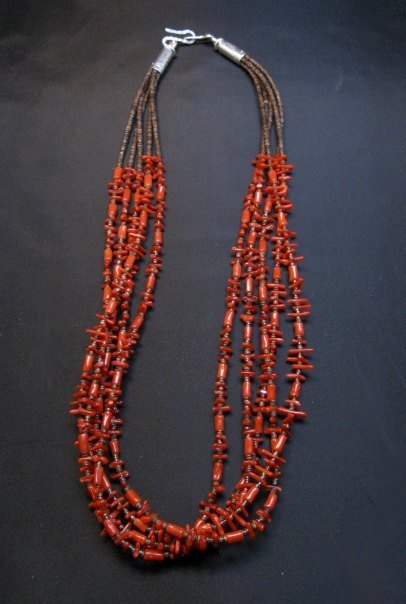 Image 1 of Navajo Native American 5-strand Mediterranean Coral Necklace Everett Mary Teller