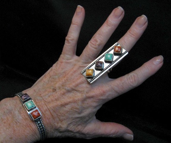 Image 4 of Navajo Turquoise Spiny Oyster Stacker Cuff Bracelet, Everett & Mary Teller