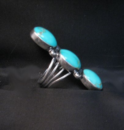 Image 2 of Navajo 3-Stone Turquoise Silver Ring Everett Mary Teller sz7