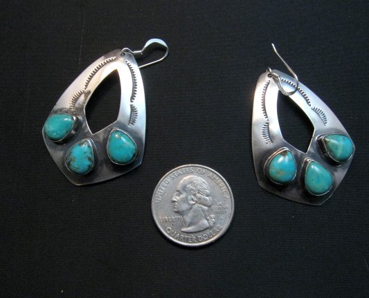 Image 1 of Navajo Stamped 3-Stone Turquoise Earrings, Everett and Mary Teller 