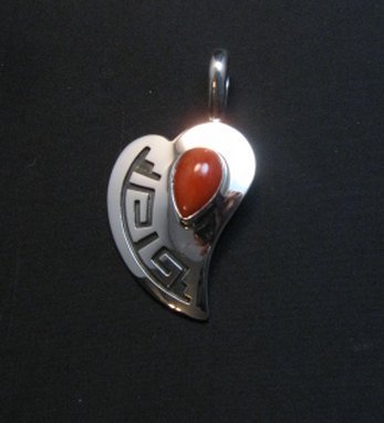 Image 0 of Navajo Silver Overlay Coral Heart Pendant, Everett & Mary Teller