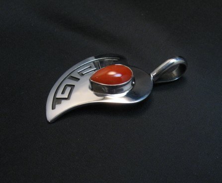 Image 1 of Navajo Silver Overlay Coral Heart Pendant, Everett & Mary Teller