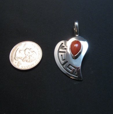 Image 2 of Navajo Silver Overlay Coral Heart Pendant, Everett & Mary Teller