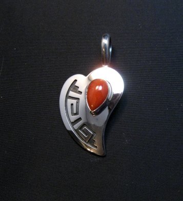 Image 3 of Navajo Silver Overlay Coral Heart Pendant, Everett & Mary Teller