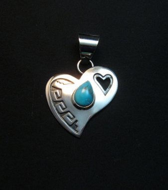 Image 1 of Navajo Silver Overlay Turquoise Heart Pendant, Everett & Mary Teller