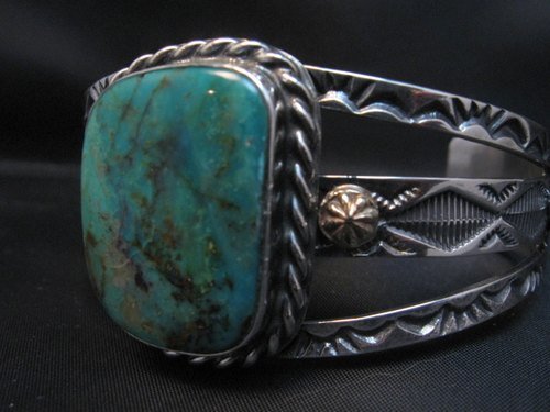 Image 1 of Navajo Kingman Turquoise 14K Gold Sterling Silver Bracelet, Travis Teller