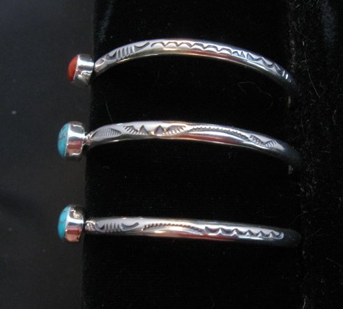 Image 3 of Navajo Turquoise Stamped Silver Stacker Cuff Bracelet, Travis Teller