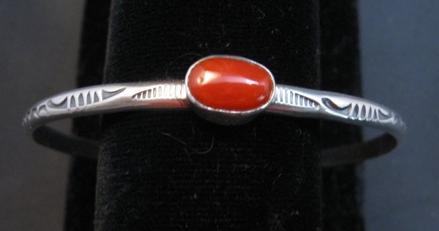 Image 0 of Navajo Coral Stamped Silver Stacker Cuff Bracelet, Travis Teller