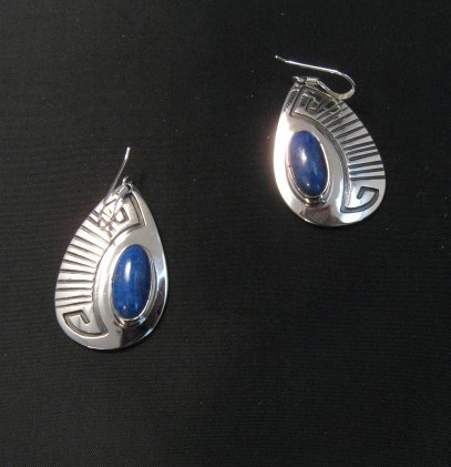 Image 1 of Navajo Handmade Silver Lapis Overlay Earrings, Everett & Mary Teller