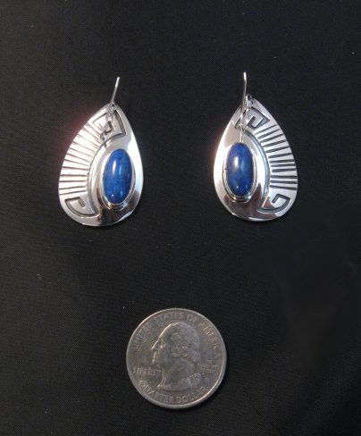 Image 2 of Navajo Handmade Silver Lapis Overlay Earrings, Everett & Mary Teller