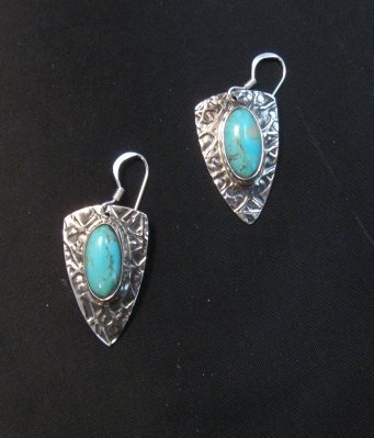 Image 1 of Navajo Native American Turquoise Hammered Silver Earrings Everett & Mary Teller 