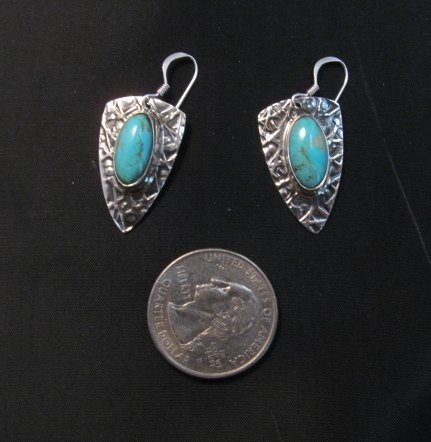 Image 2 of Navajo Native American Turquoise Hammered Silver Earrings Everett & Mary Teller 