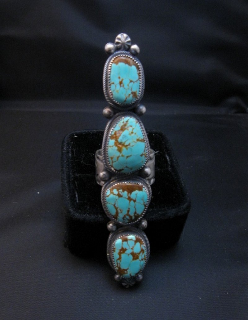 Image 5 of Super Long Navajo 4-Stone Turquoise Ring Juanita Long sz8-1/2