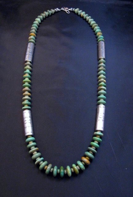 Image 1 of Navajo Royston Turquoise Bead Silver Barrel Necklace, Everett & Mary Teller