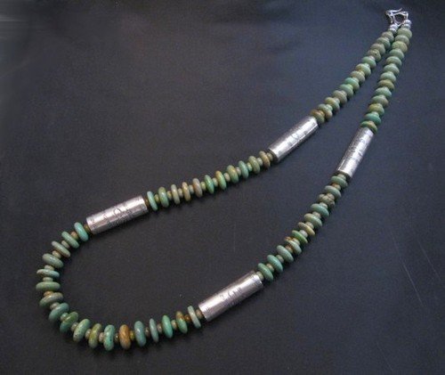 Image 2 of Navajo Royston Turquoise Bead Silver Barrel Necklace, Everett & Mary Teller