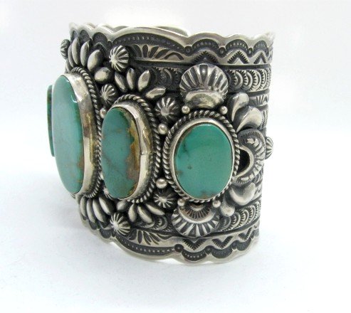 Image 4 of Darryl Becenti Navajo 5-Stone Royston Turquoise Silver Cuff Bracelet