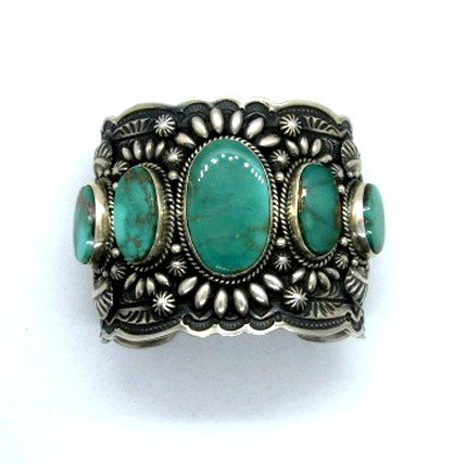 Image 3 of Darryl Becenti Navajo 5-Stone Royston Turquoise Silver Cuff Bracelet