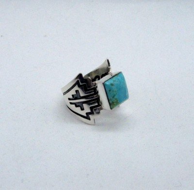 Image 4 of Turquoise Navajo Silver Overlay Ring, Everett and Mary Teller, sz7-1/2