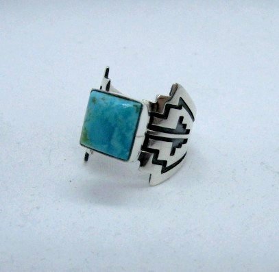 Image 5 of Turquoise Navajo Silver Overlay Ring, Everett and Mary Teller, sz7-1/2