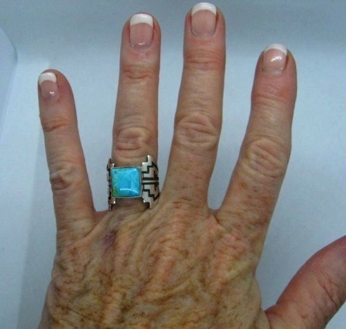 Image 1 of Turquoise Navajo Silver Overlay Ring, Everett and Mary Teller, sz7-1/2