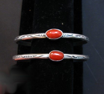 Image 4 of Navajo Coral Silver Stacker Bracelet, Travis Teller
