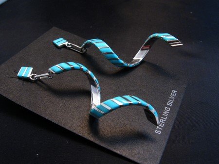 Image 1 of Long Zuni Turquoise Inlay Spiral Dangle Earrings Shawn Sheyka 