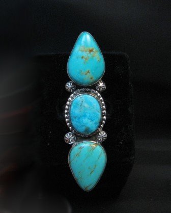 Image 4 of Long Navajo Triple Natural Turquoise Ring Everett & Mary Teller sz8-1/4