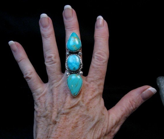Image 0 of Long Navajo Triple Natural Turquoise Ring Everett & Mary Teller sz8-1/4