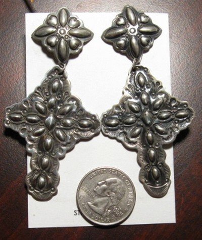 Image 1 of Big Darryl Becenti Navajo Repousse Silver Cross Earrings