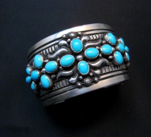 Image 0 of Navajo Darryl Becenti Sleeping Beauty Turquoise Cross Silver Bracelet