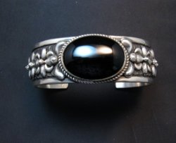 Large Navajo Native American Onyx Silver Bracelet, Darryl Becenti