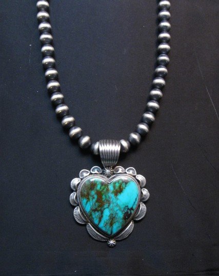 Image 1 of Navajo Native American Turquoise Sterling Silver Heart Pendant, Randy Boyd