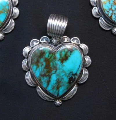 Image 0 of Navajo Native American Turquoise Sterling Silver Heart Pendant, Randy Boyd