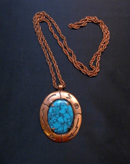 Image 0 of Vintage Native American Faux Turquoise Copper Bell Trading Post Necklace Pendant