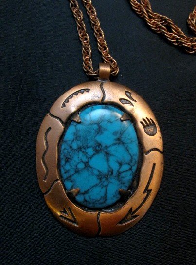 Image 1 of Vintage Native American Faux Turquoise Copper Bell Trading Post Necklace Pendant