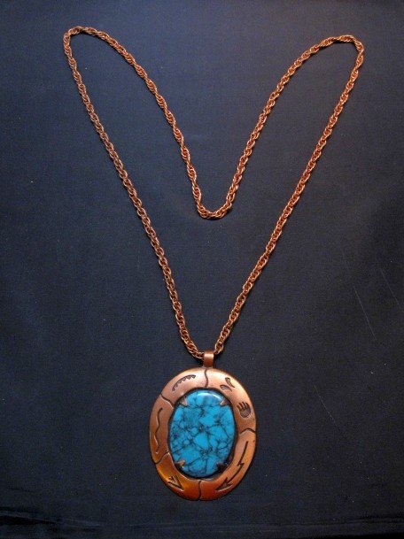 Image 3 of Vintage Native American Faux Turquoise Copper Bell Trading Post Necklace Pendant
