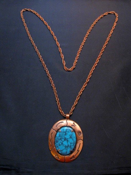 Image 3 of Vintage Native American Faux Turquoise Copper Bell Trading Post Necklace Pendant