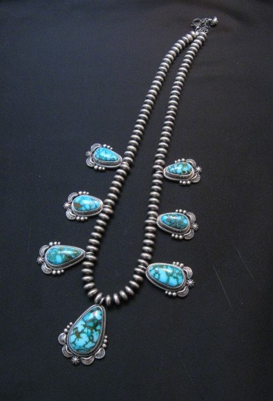 Image 10 of Navajo Randy Boyd Turquoise Silver Bead Necklace Earring Set, Native American