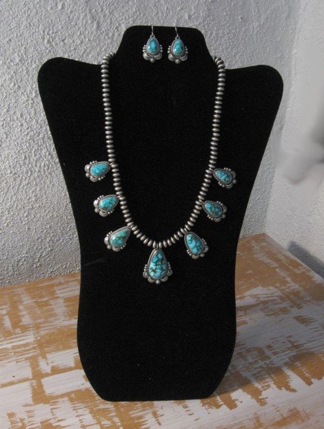 Image 4 of Navajo Randy Boyd Turquoise Silver Bead Necklace Earring Set, Native American