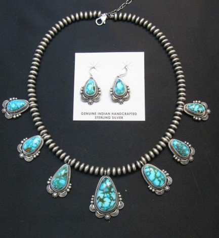 Image 0 of Navajo Randy Boyd Turquoise Silver Bead Necklace Earring Set, Native American