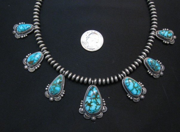 Image 2 of Navajo Randy Boyd Turquoise Silver Bead Necklace Earring Set, Native American