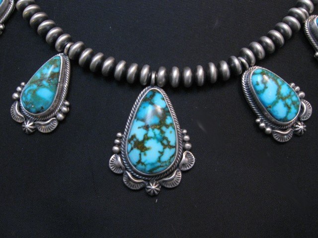 Image 3 of Navajo Randy Boyd Turquoise Silver Bead Necklace Earring Set, Native American