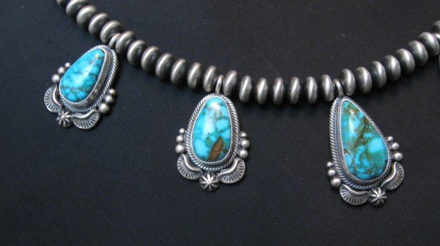 Image 13 of Navajo Randy Boyd Turquoise Silver Bead Necklace Earring Set, Native American