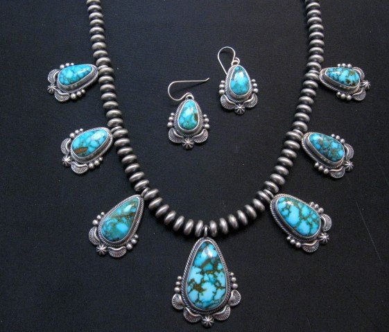 Image 1 of Navajo Randy Boyd Turquoise Silver Bead Necklace Earring Set, Native American
