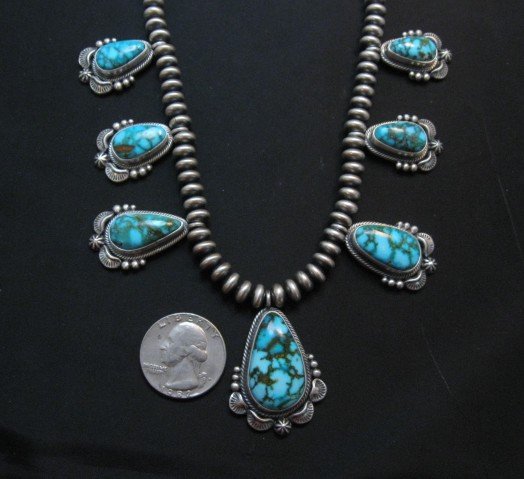 Image 5 of Navajo Randy Boyd Turquoise Silver Bead Necklace Earring Set, Native American