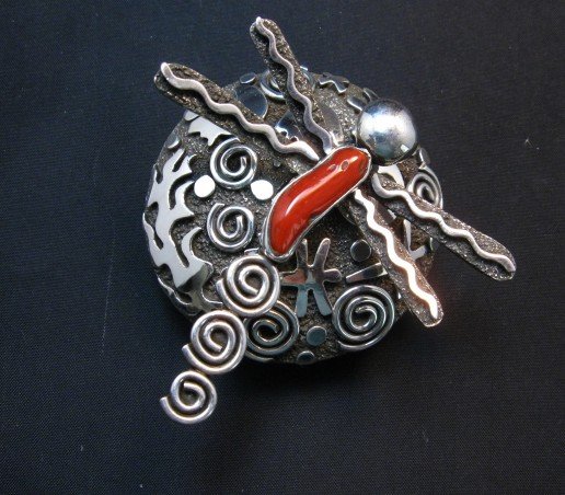 Image 0 of Alex Sanchez Navajo Dragonfly Silver Coral Seed Pot - One of a Kind