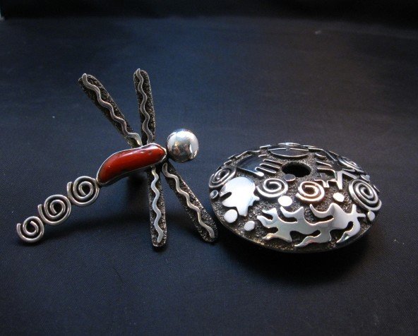 Image 1 of Alex Sanchez Navajo Dragonfly Silver Coral Seed Pot - One of a Kind