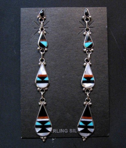 Image 0 of Extra-long Native American Zuni Multi Inlay Dangle Earrings, David Boone