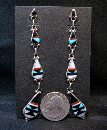 Image 1 of Extra-long Native American Zuni Multi Inlay Dangle Earrings, David Boone