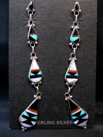 Image 2 of Extra-long Native American Zuni Multi Inlay Dangle Earrings, David Boone